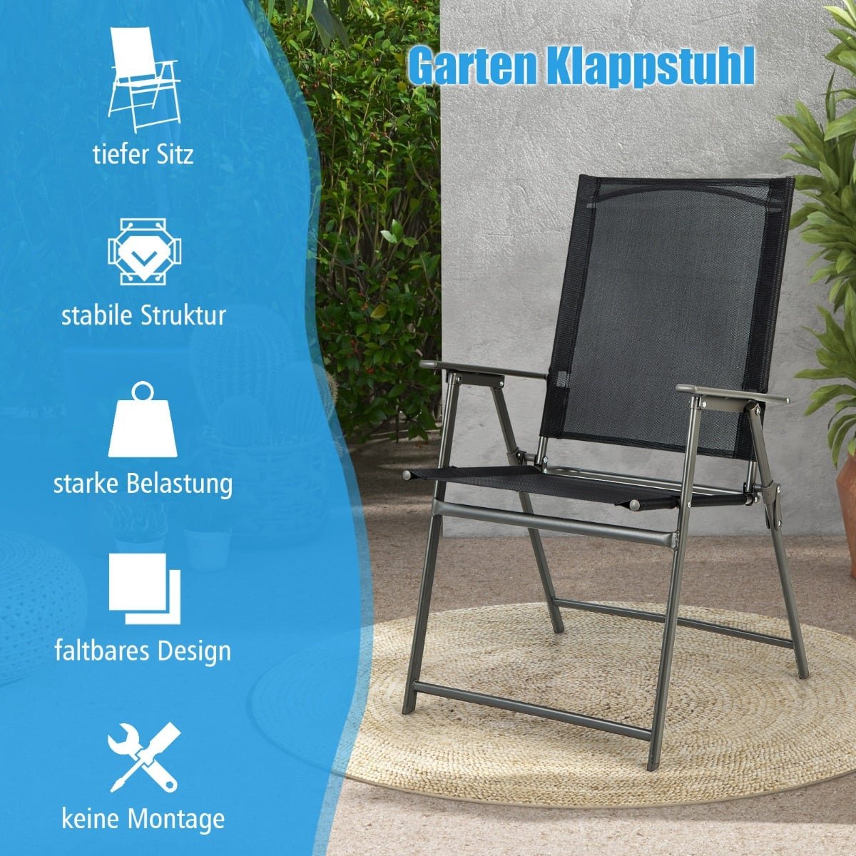 Folding Garden Chairs Set, Weatherproof Fabric, Black