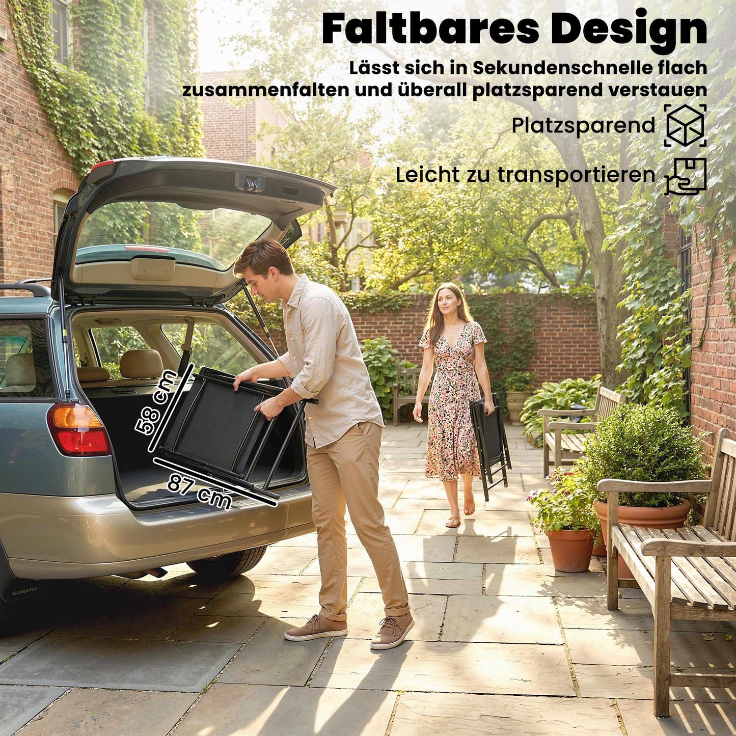 Folding Garden Chairs Set of 2, Steel & Texteline, Black