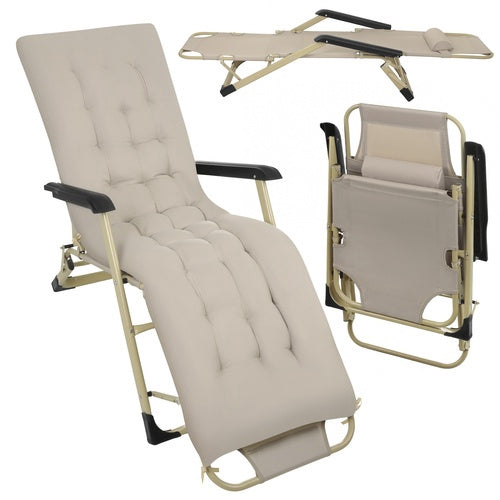 Folding Garden Lounger with Cushion, 3-Position, Beige