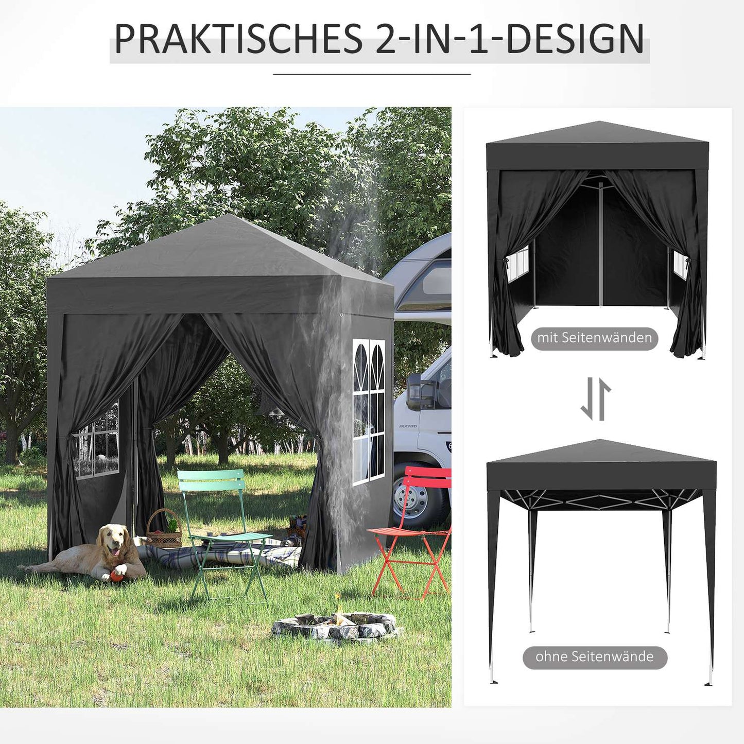 Collapsible 2x2M garden gazebo, UV protected, 4 side walls