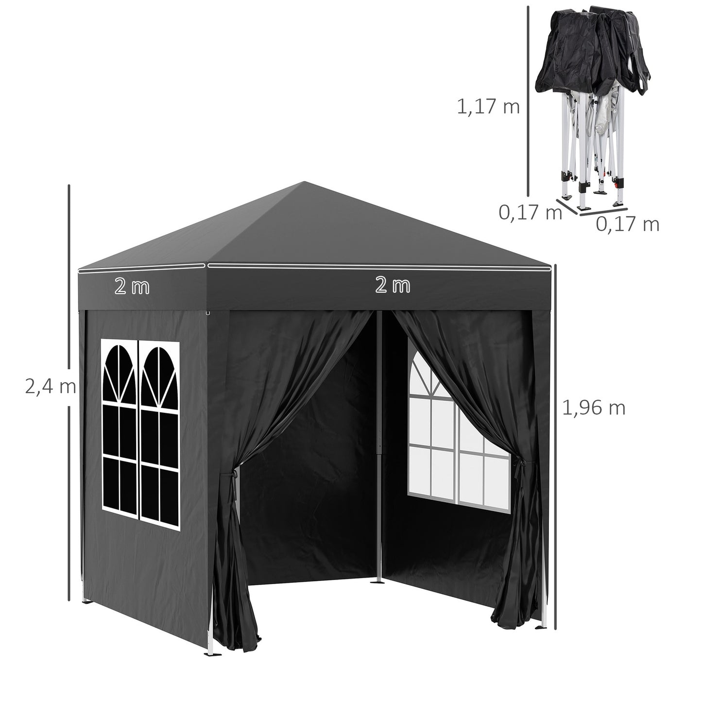 Collapsible 2x2M garden gazebo, UV protected, 4 side walls