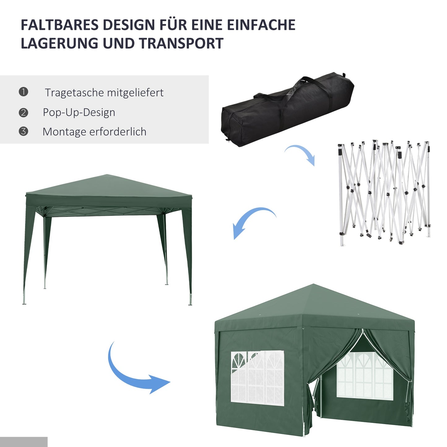 Foldable green gazebo 3x3m with 4 walls & UV protection
