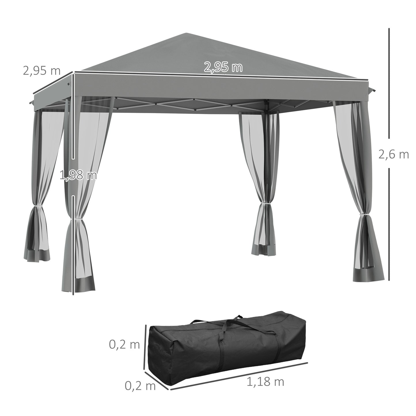 Folding gazebo tent with side walls, metal frame, 3x3M
