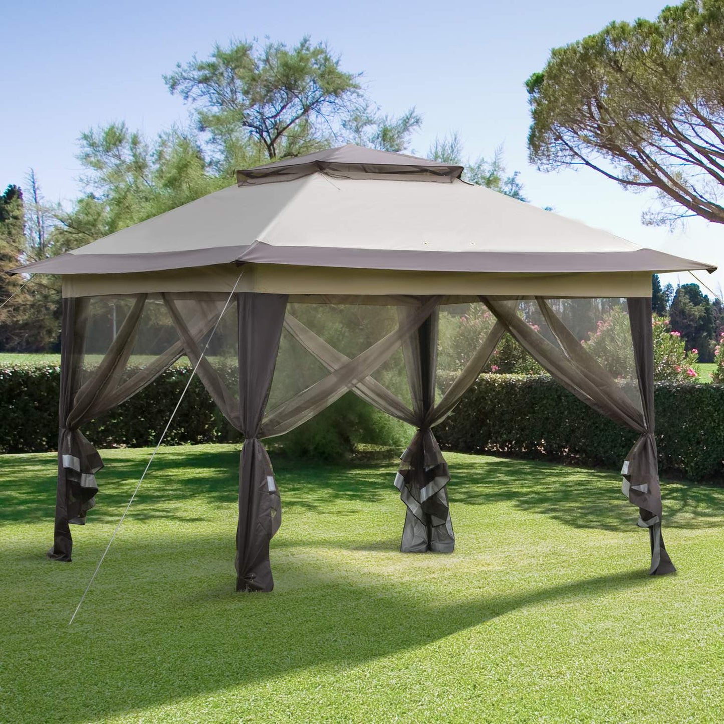 Foldable brown gazebo with UV protection, steel frame