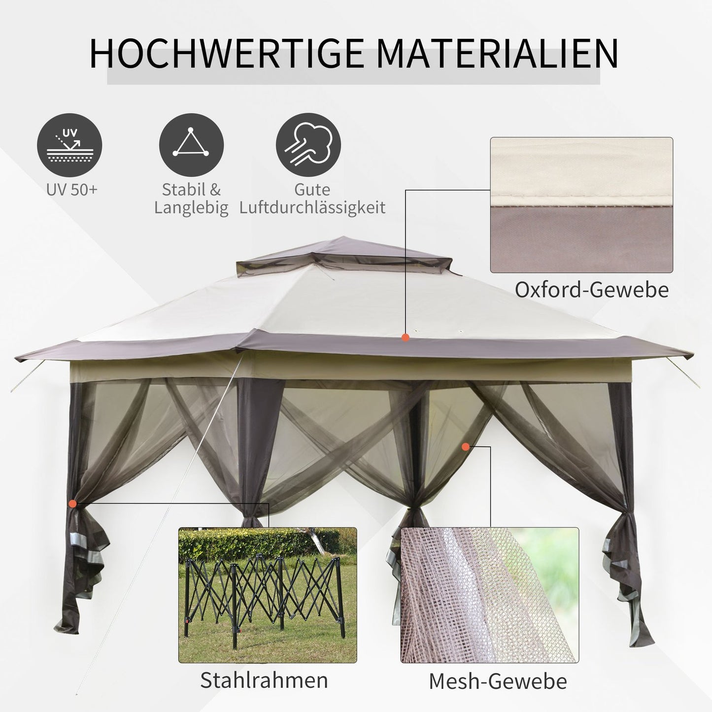 Foldable brown gazebo with UV protection, steel frame