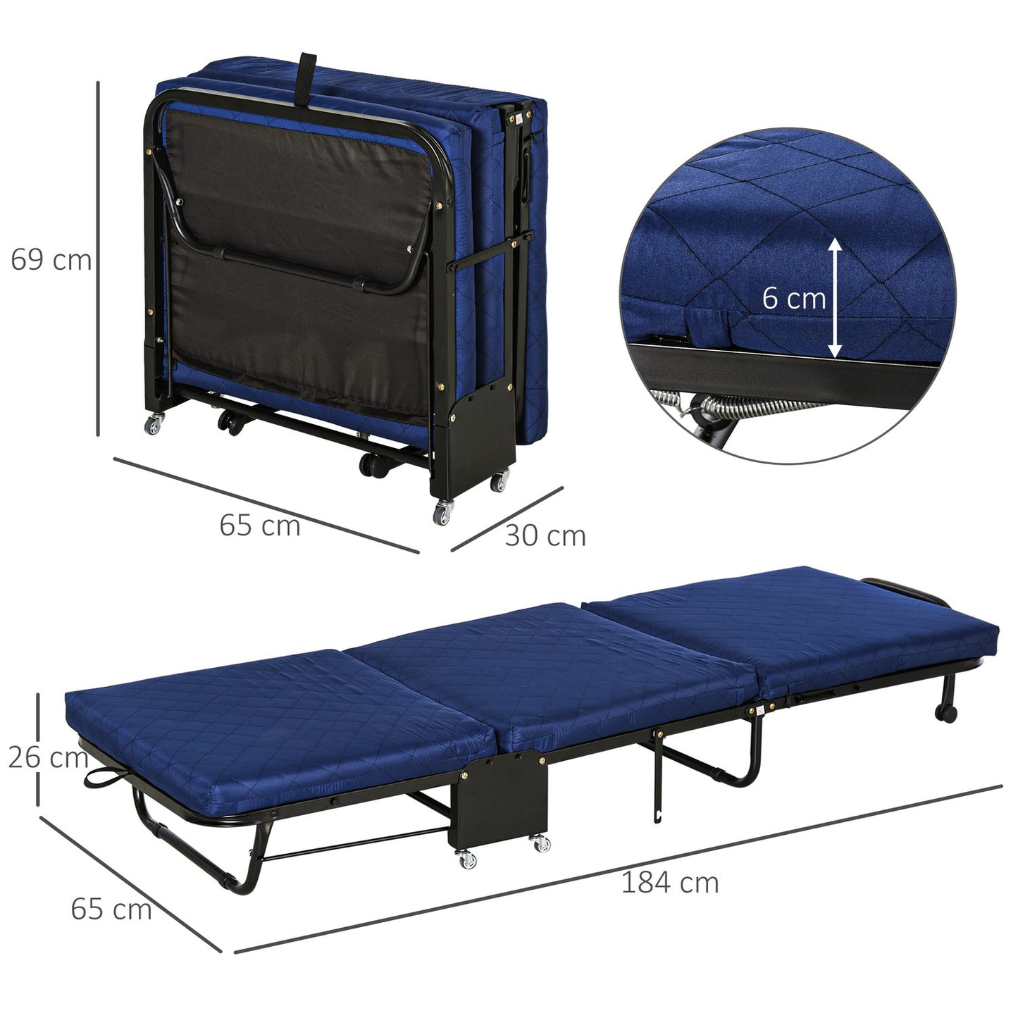 Folding guest bed - Adjustable - Steel frame - Blue