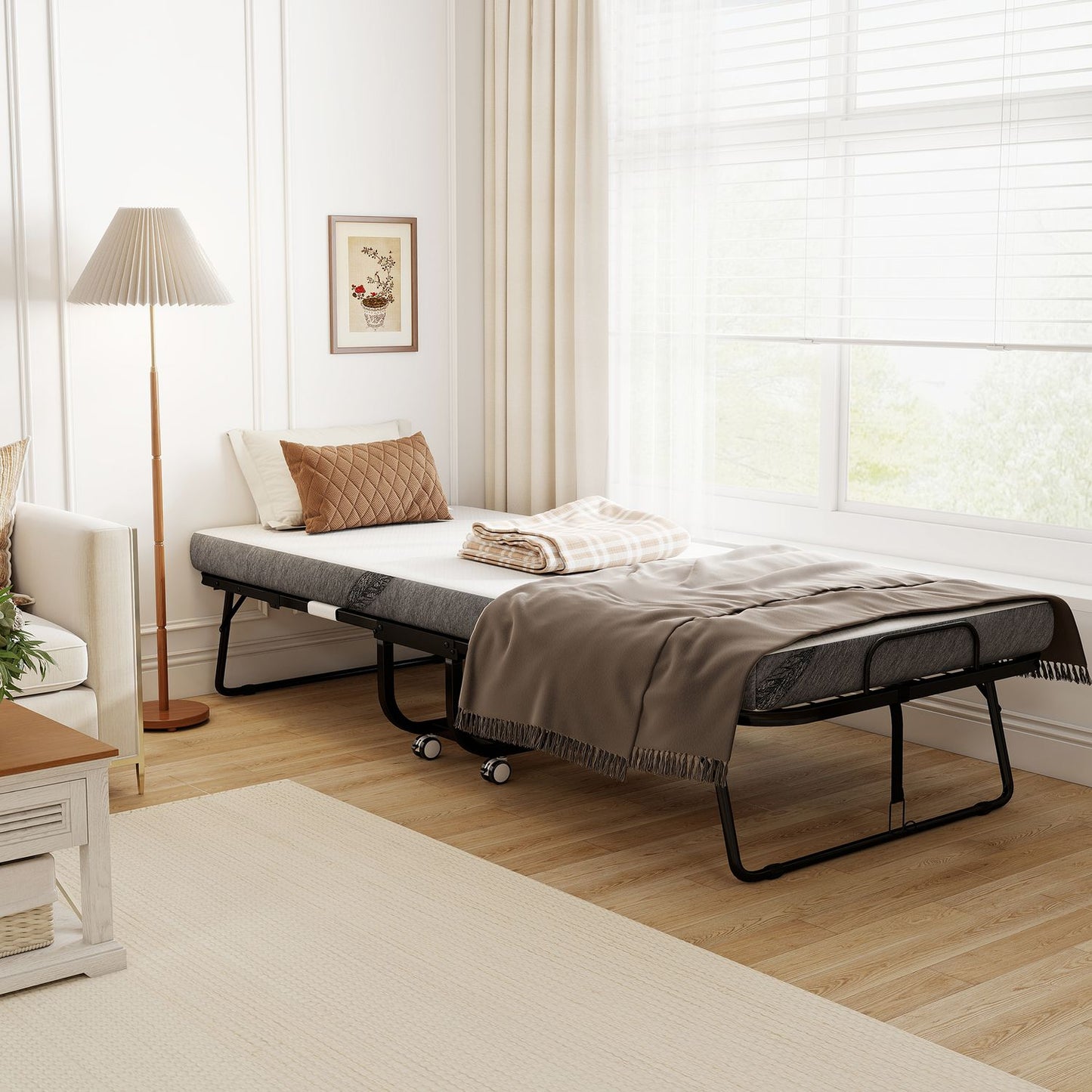 Folding Guest Bed with Mattress, Wheels, Steel Frame