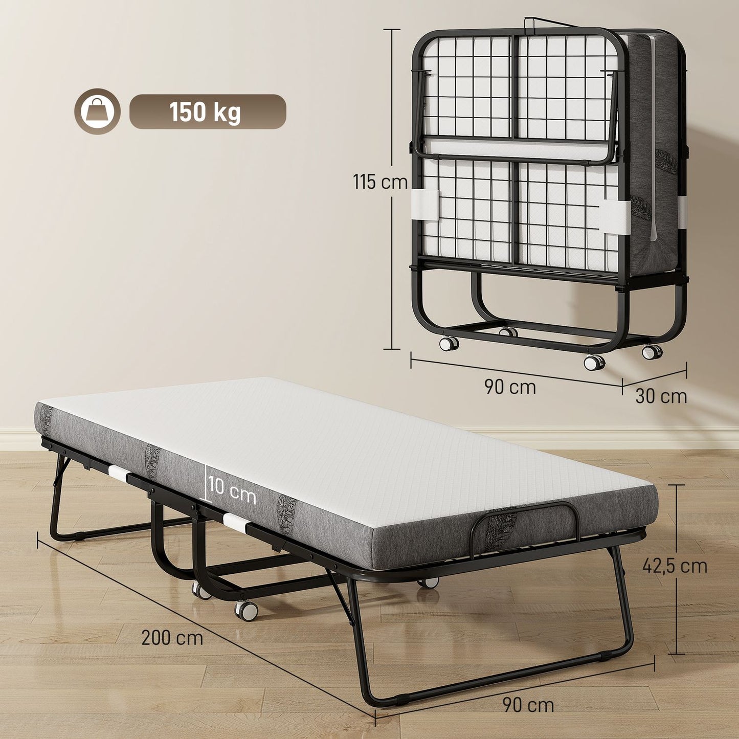 Folding Guest Bed with Mattress, Wheels, Steel Frame