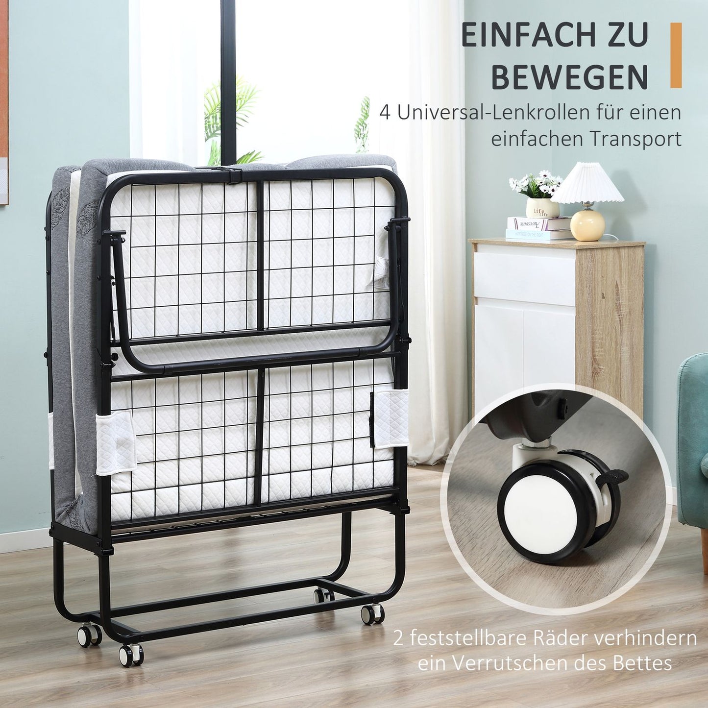 Folding Guest Bed with Mattress, Wheels, Steel Frame