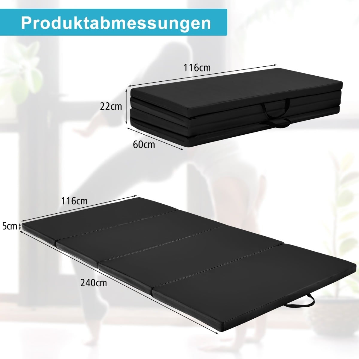 Folding Gym Mat, 240x120x5 cm, Non-Slip, Black