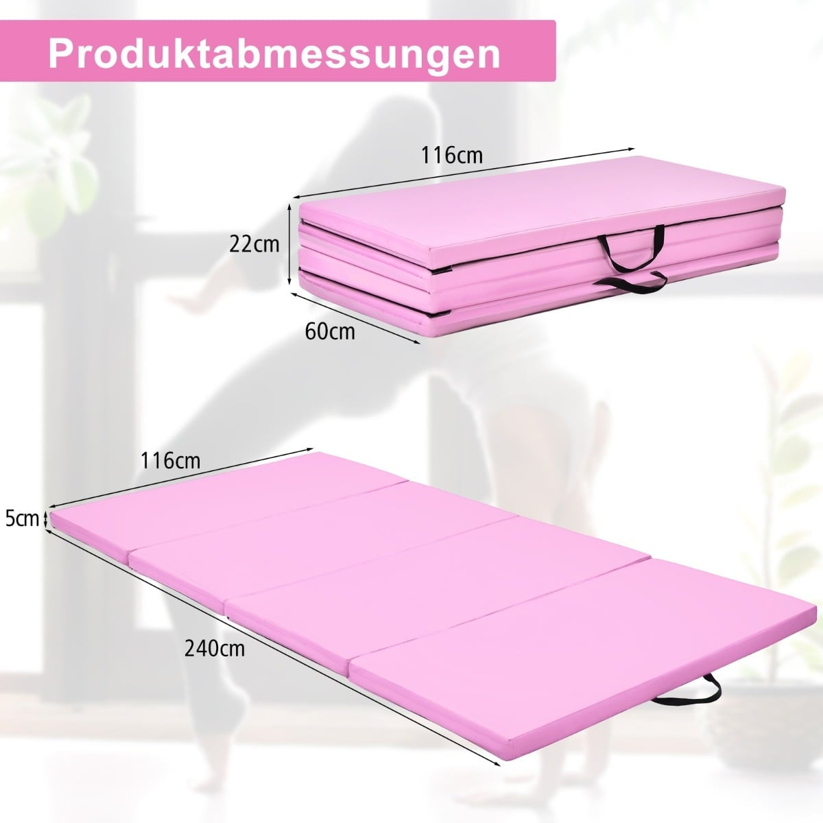 Folding Gym Mat, Pink, 240x120x5 cm, Non-Slip, Portable