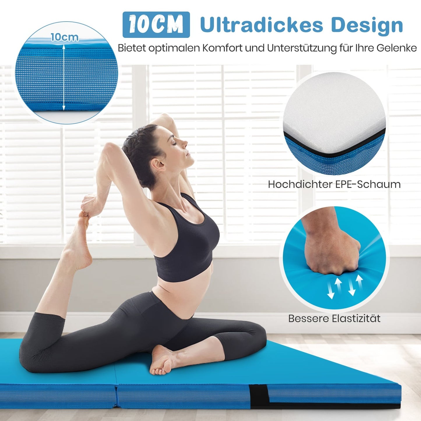 Folding Gymnastics Mat, 122x122x10 cm, Blue, EPE Foam