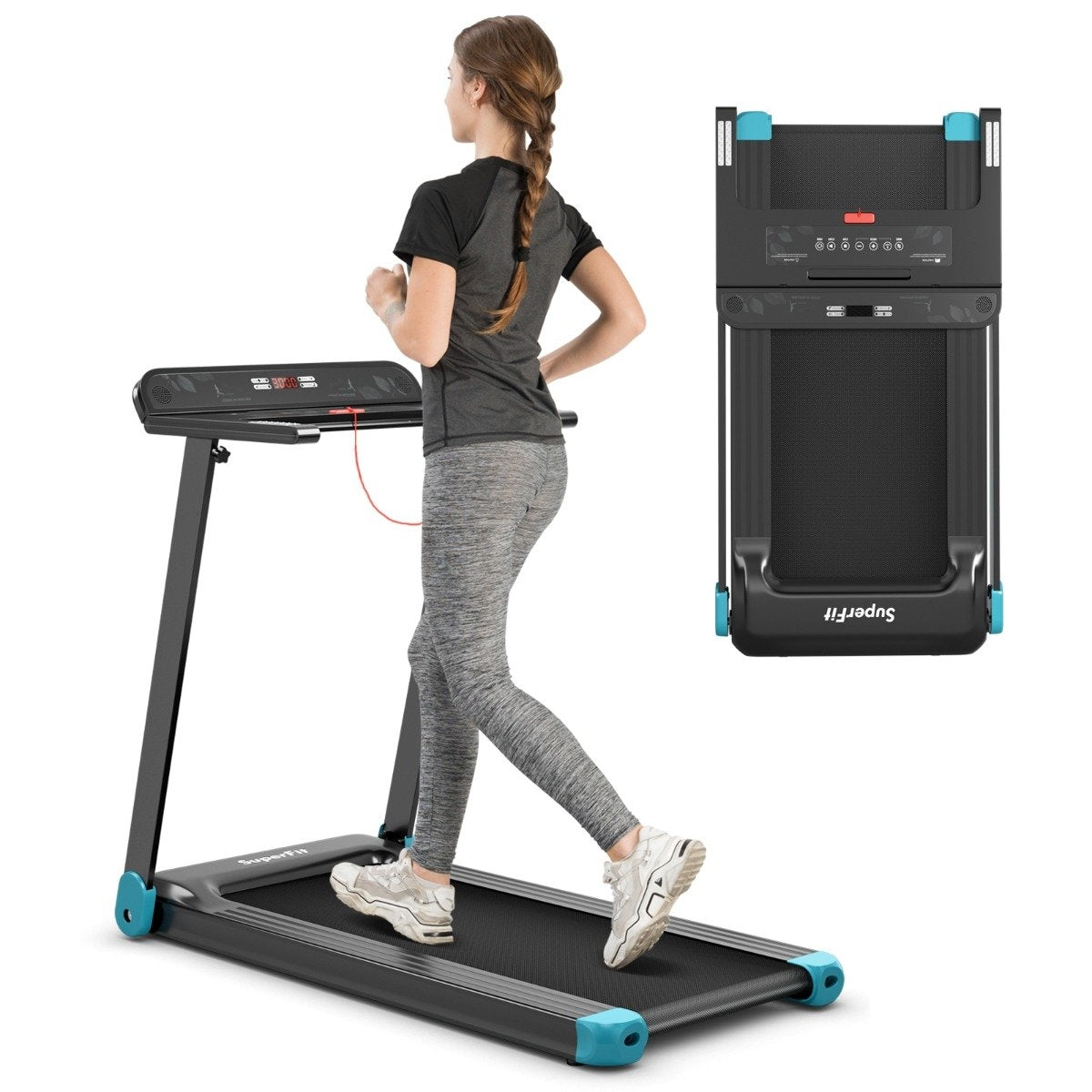 Folding Home Treadmill with Bluetooth Speaker & LED Display and Device Holder Navy Blue