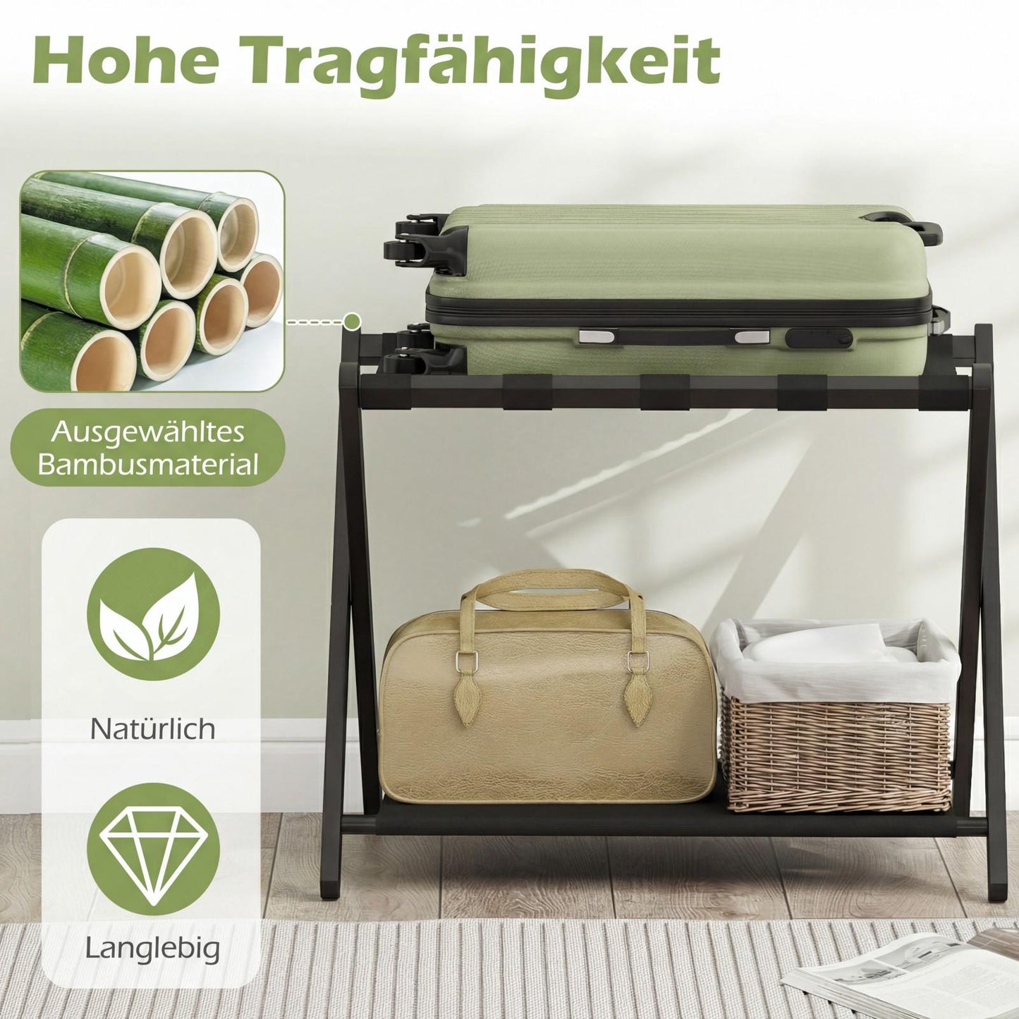 Folding Luggage Stand Set, Bamboo, Dual Storage, Black