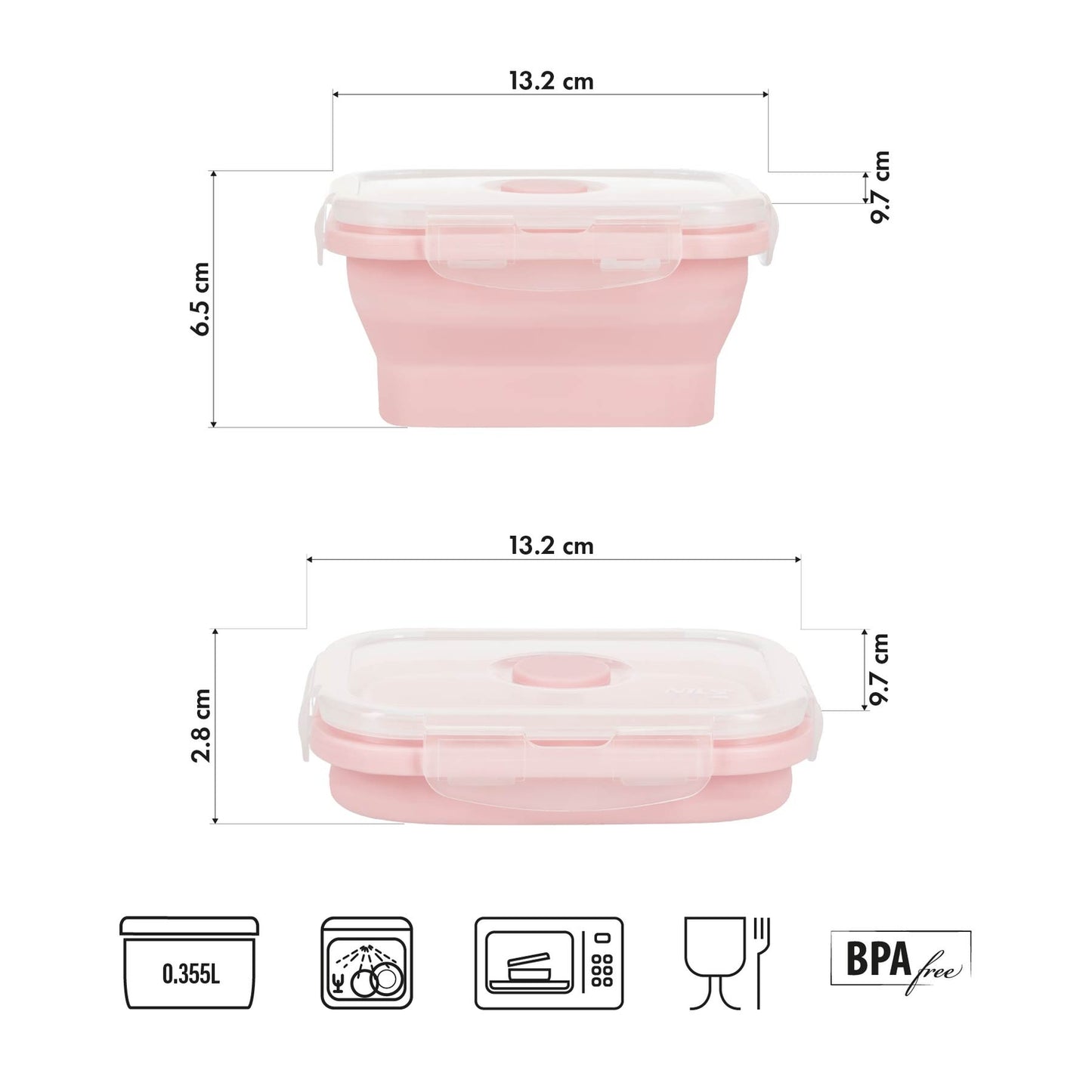 Folding Lunch Box, Pink, 355ml, Portable Container