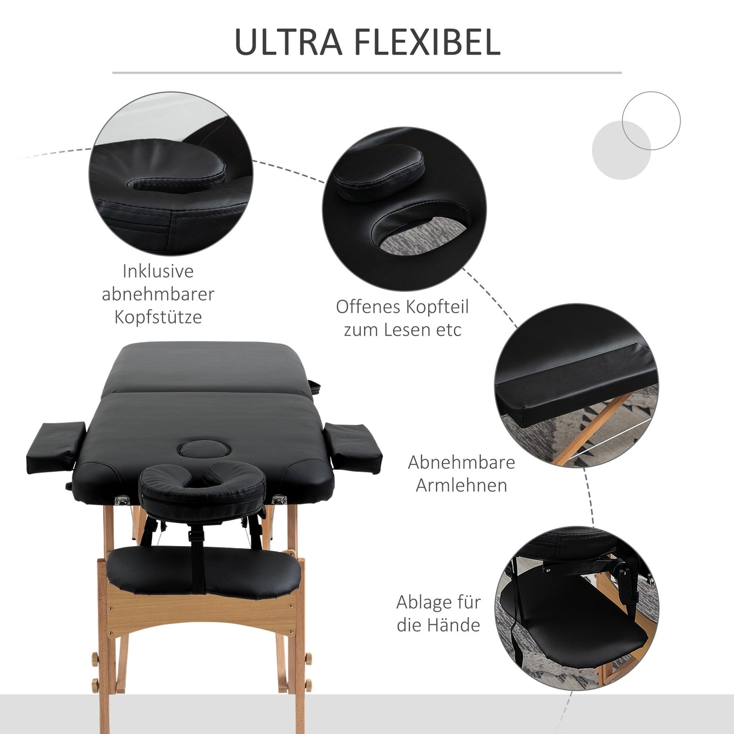 Portable folding massage table, adjustable height, black