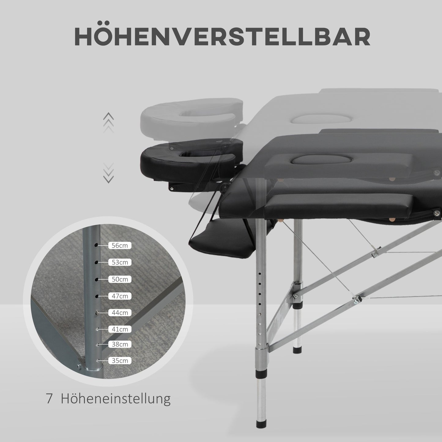 Folding massage table, 7 zones, height adjustable, black