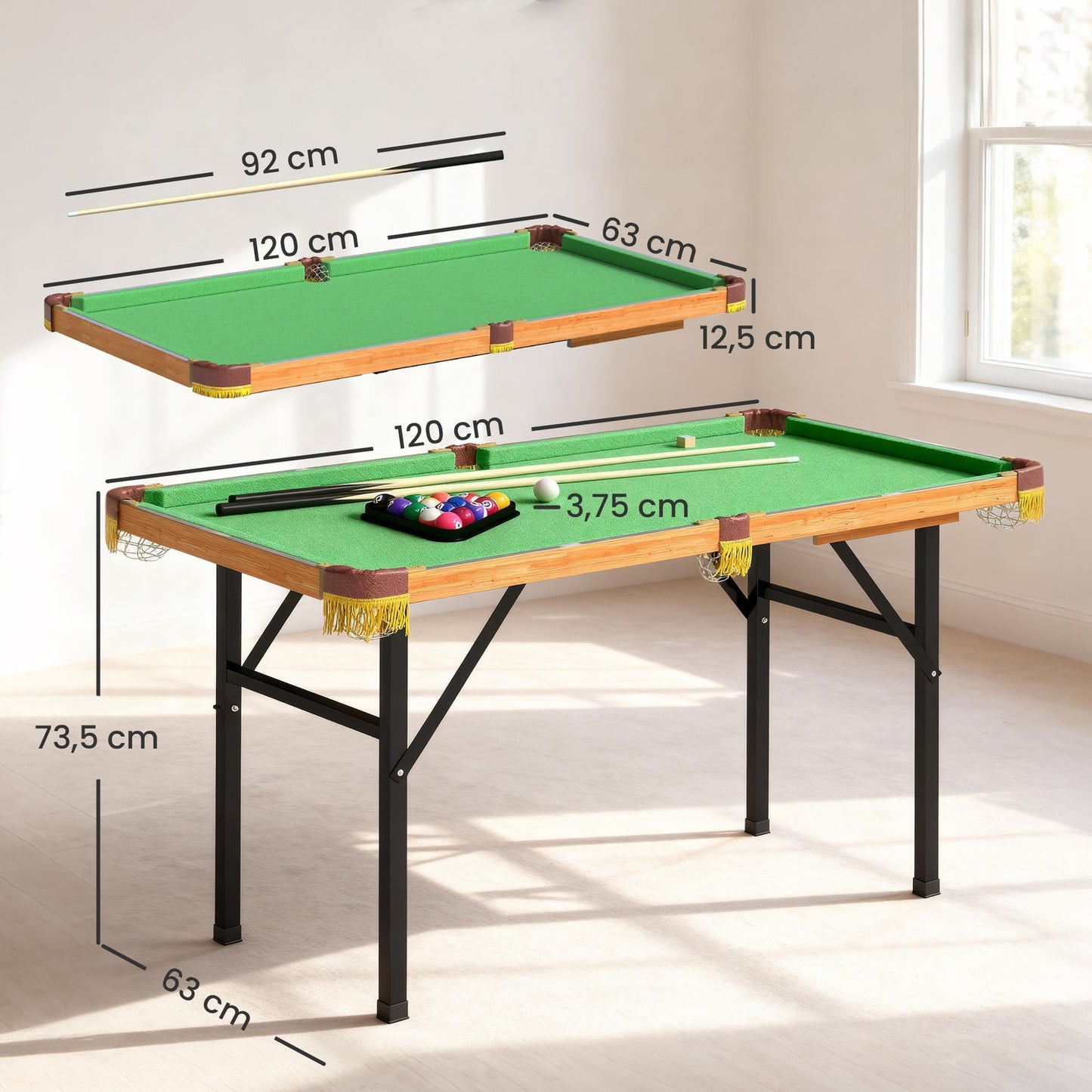Folding Mini Billiard Table, 2 Cues, 16 Balls, Green