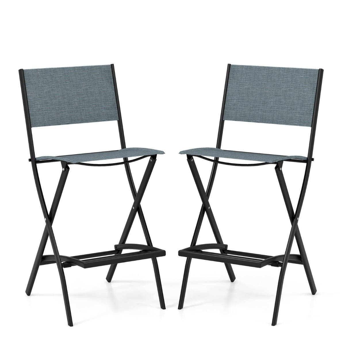 Folding Outdoor Bar Stools Set, Blue, With Backrest & Footrest