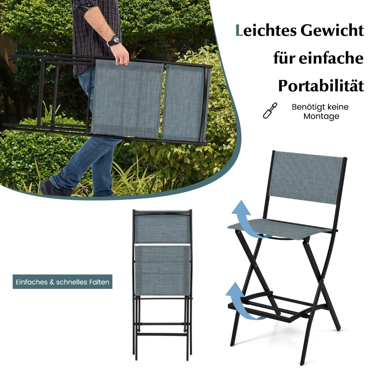 Folding Outdoor Bar Stools Set, Blue, With Backrest & Footrest