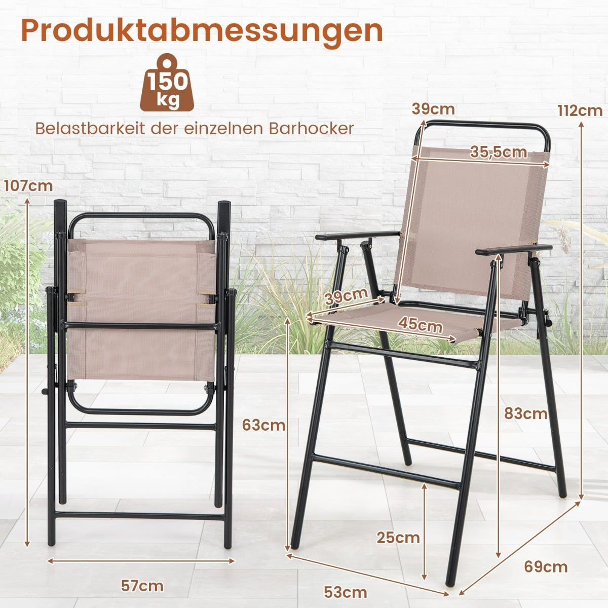 Folding Outdoor Bar Stools Set of 2 with Footrest, Beige