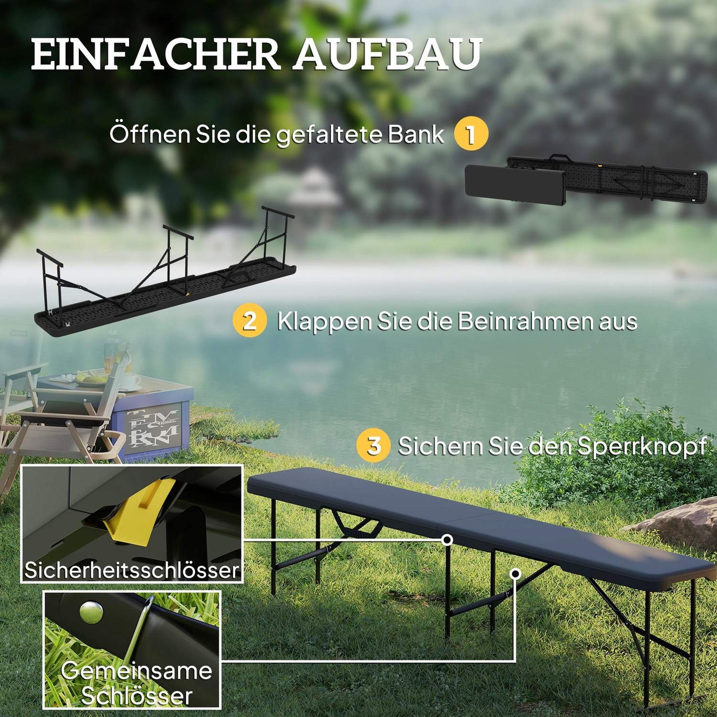 Folding Outdoor Bench, HDPE, 240 kg Capacity, Black