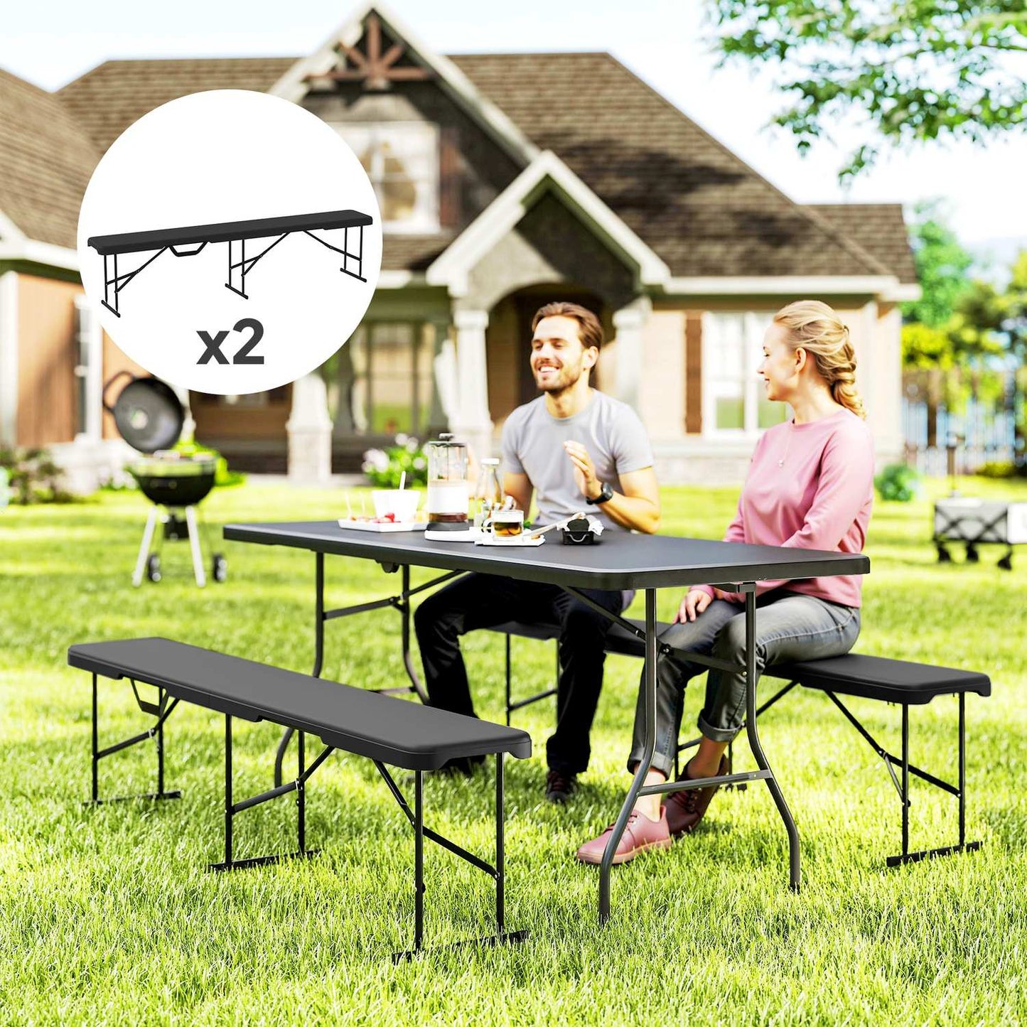 Folding Outdoor Bench, HDPE, 240 kg Capacity, Black