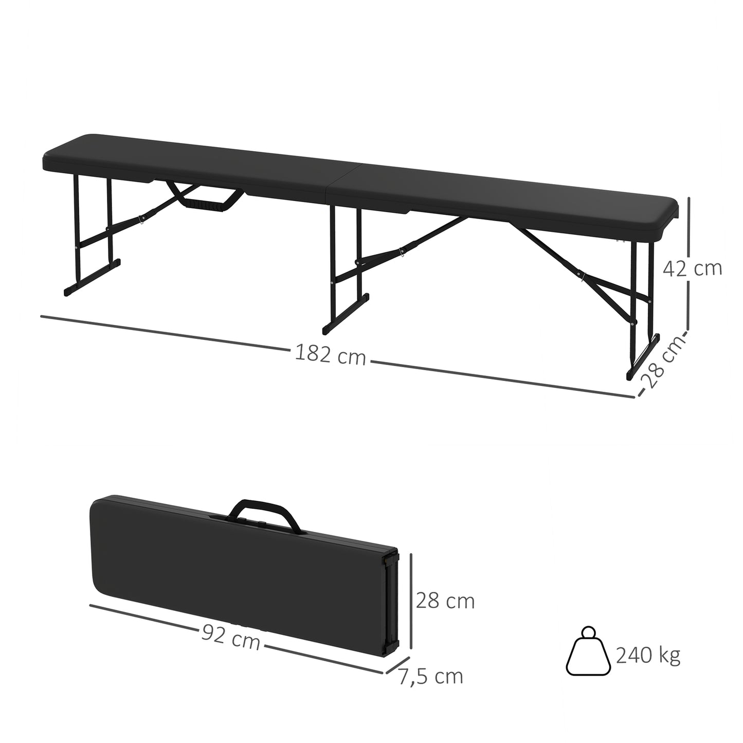 Folding Outdoor Bench, HDPE, 240 kg Capacity, Black