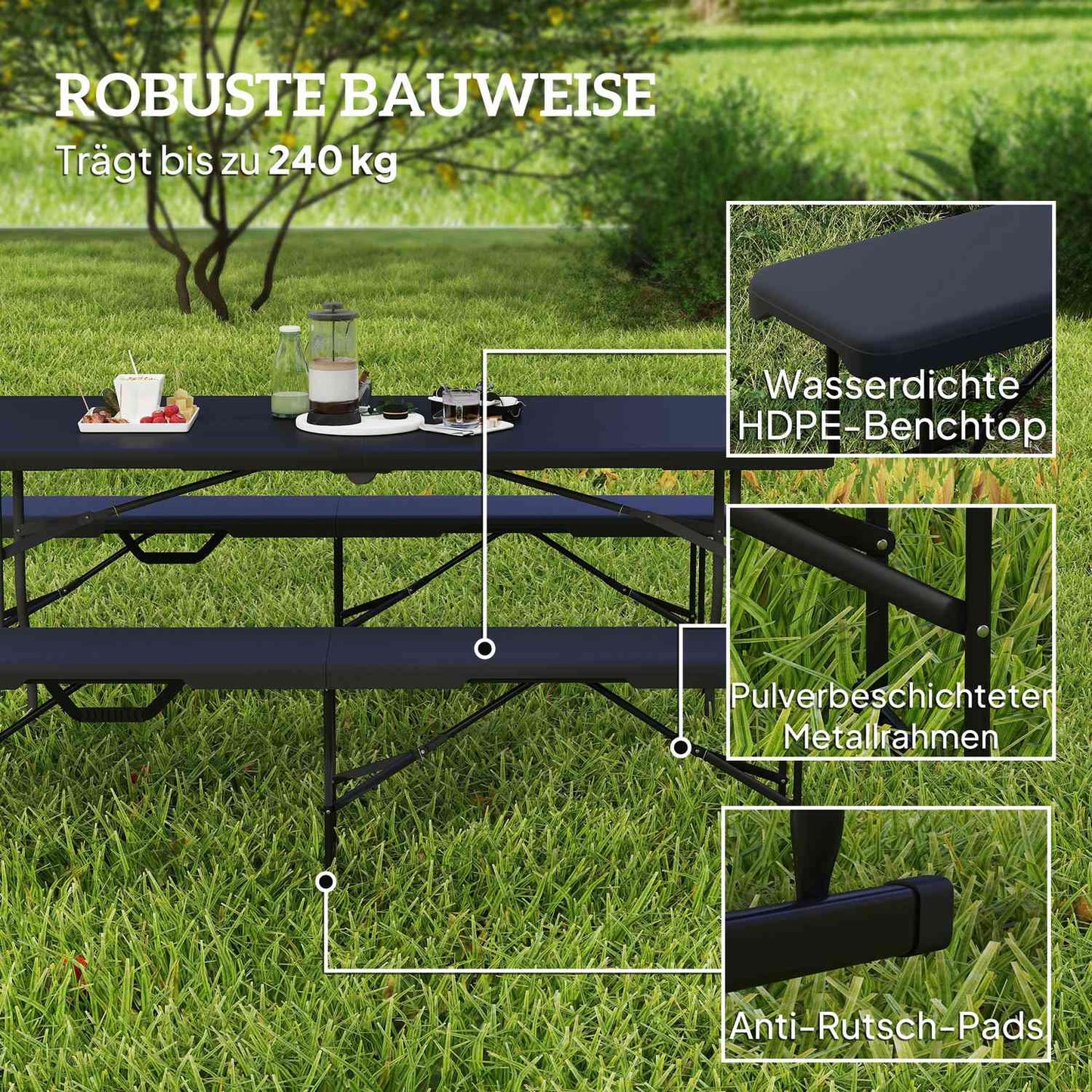 Folding Outdoor Bench, HDPE, 240 kg Capacity, Black