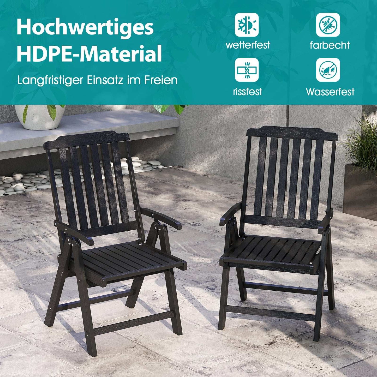 Folding Outdoor Chair, Black HDPE, 150kg Capacity