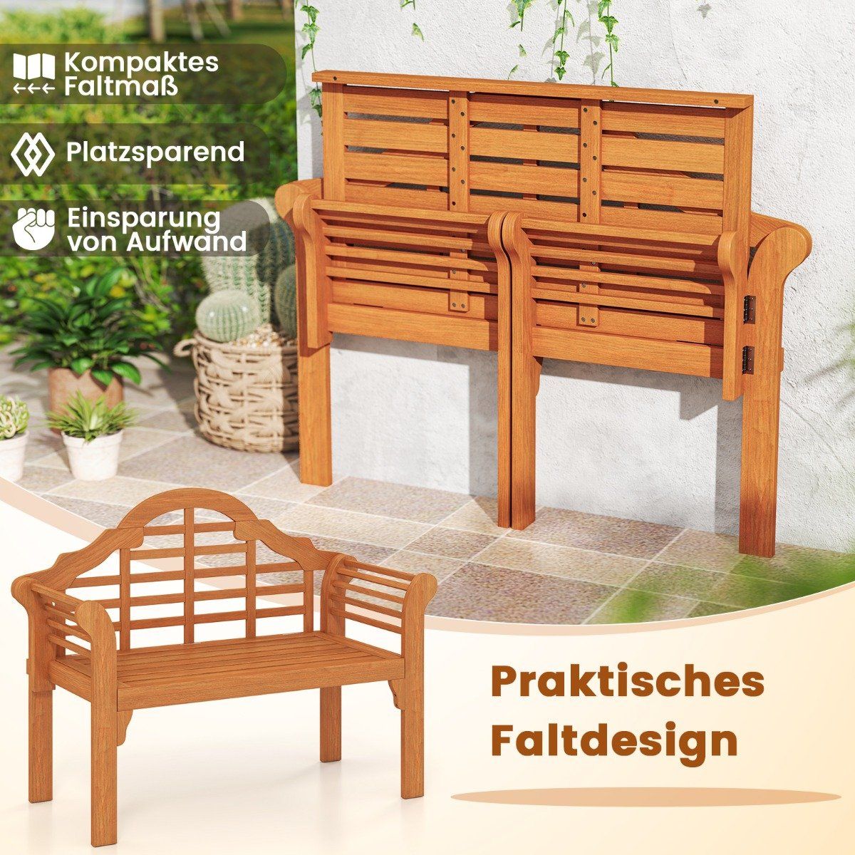 Folding Outdoor Wooden Bench, Acacia Wood, 123x54x96 cm