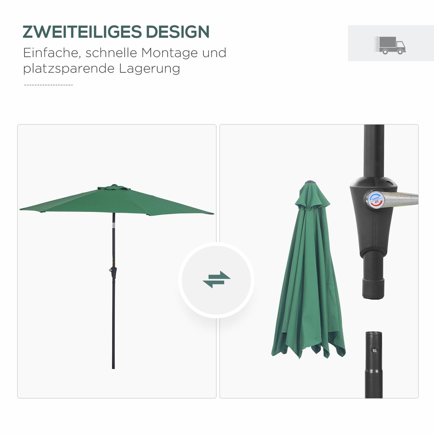 Dark green folding garden umbrella, aluminum, 2.7 m diameter