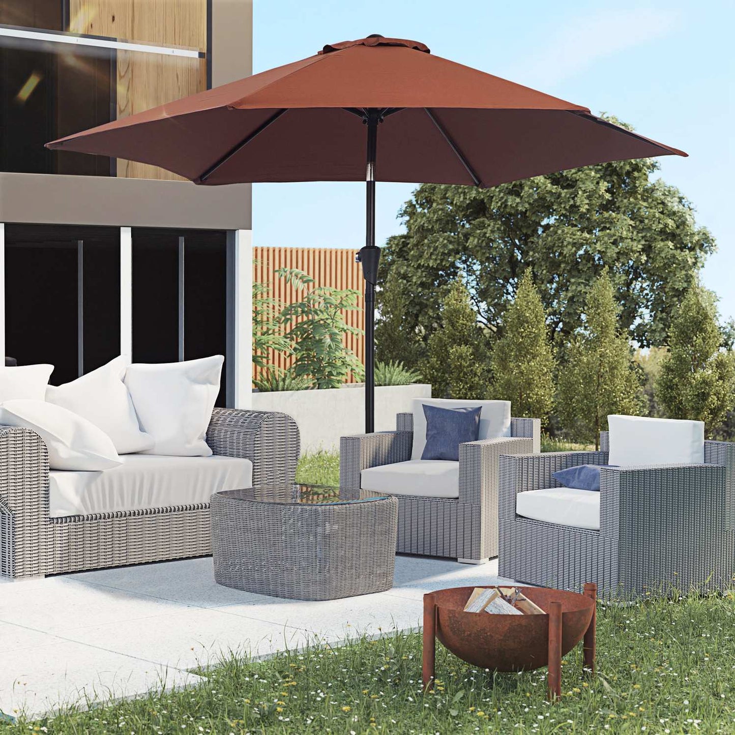 Brown foldable parasol with hand crank, aluminum frame
