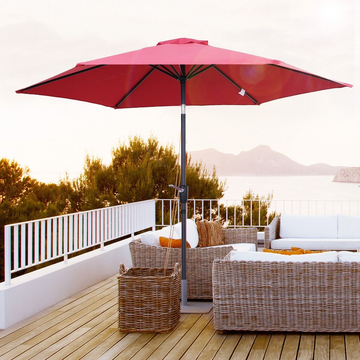 Red folding parasol, hand crank, 2.7 m aluminum frame