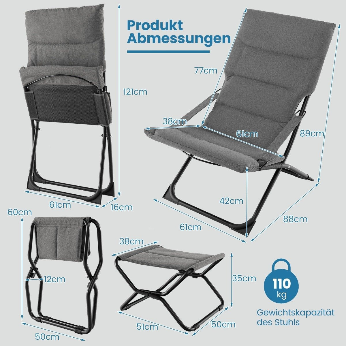 Folding Patio Chair with Ottoman & Removable Cushion Outdoor Lounger Gray