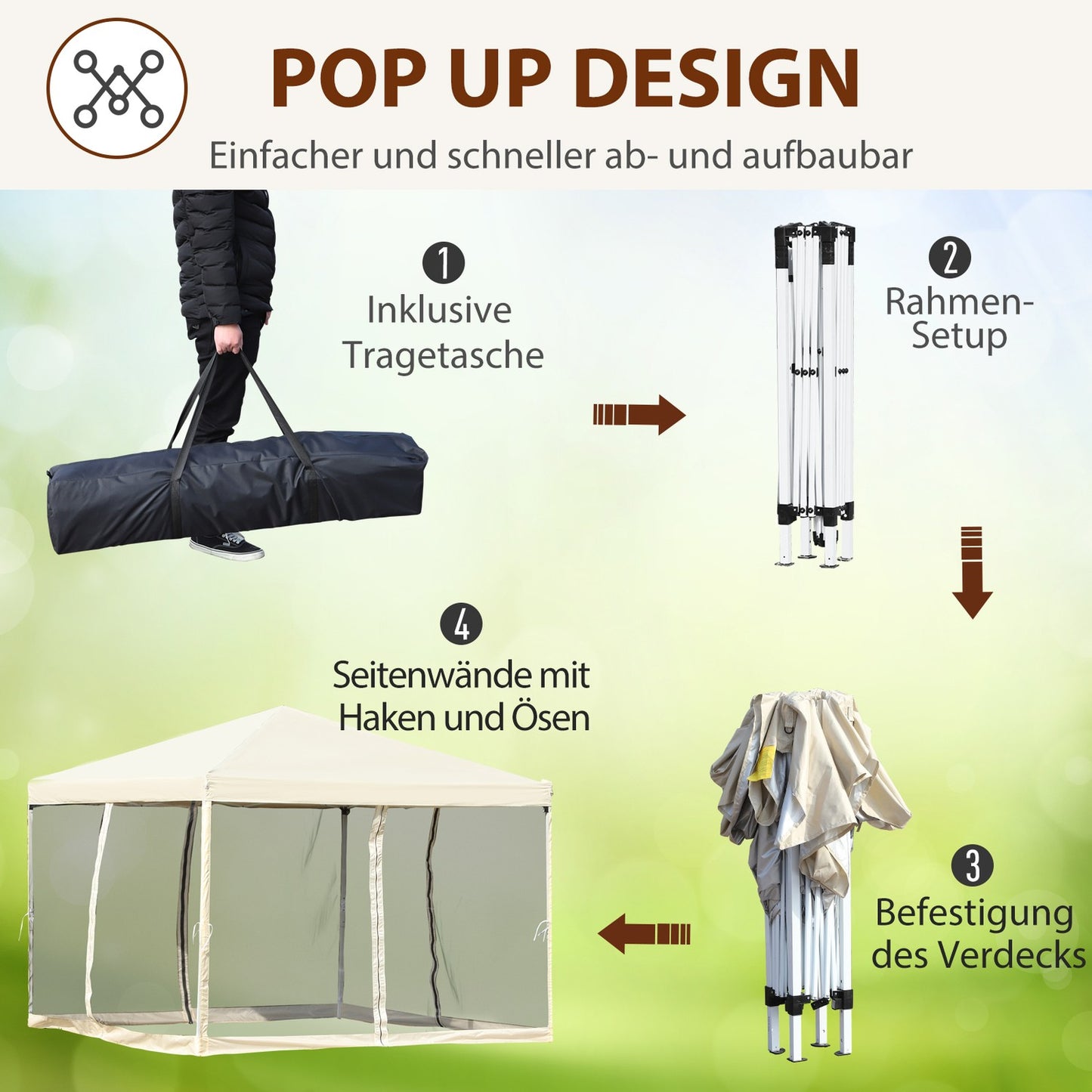Folding gazebo tent, 3x3M, Creme White, Side walls and Bag