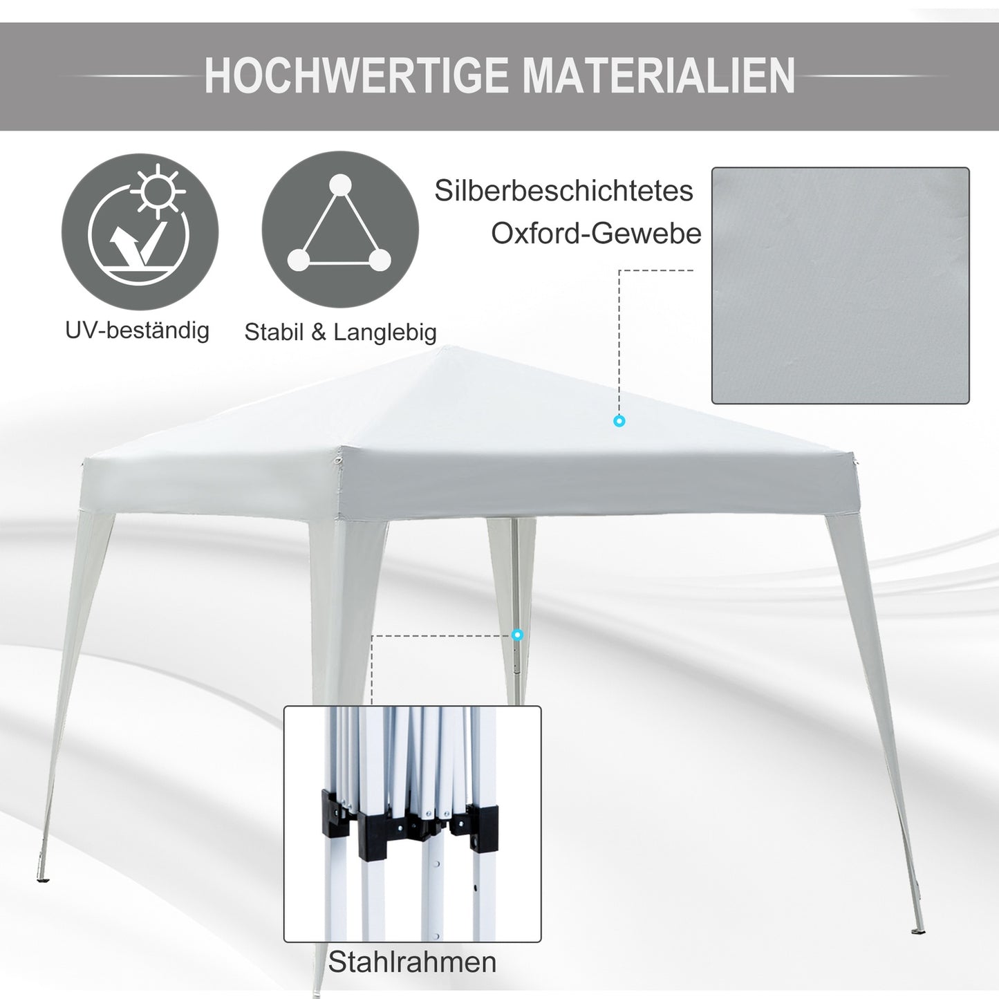 White folding pavilion tent in steel with carrying bag, 2.4x2.4M