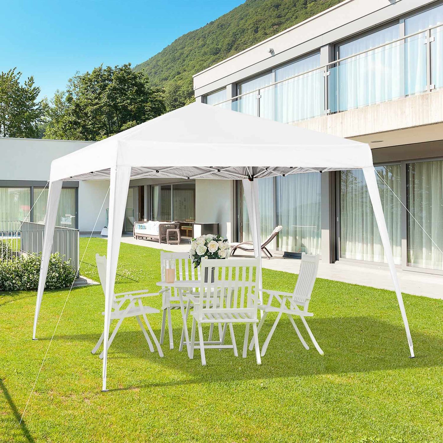 White folding pavilion tent in steel with carrying bag, 2.4x2.4M