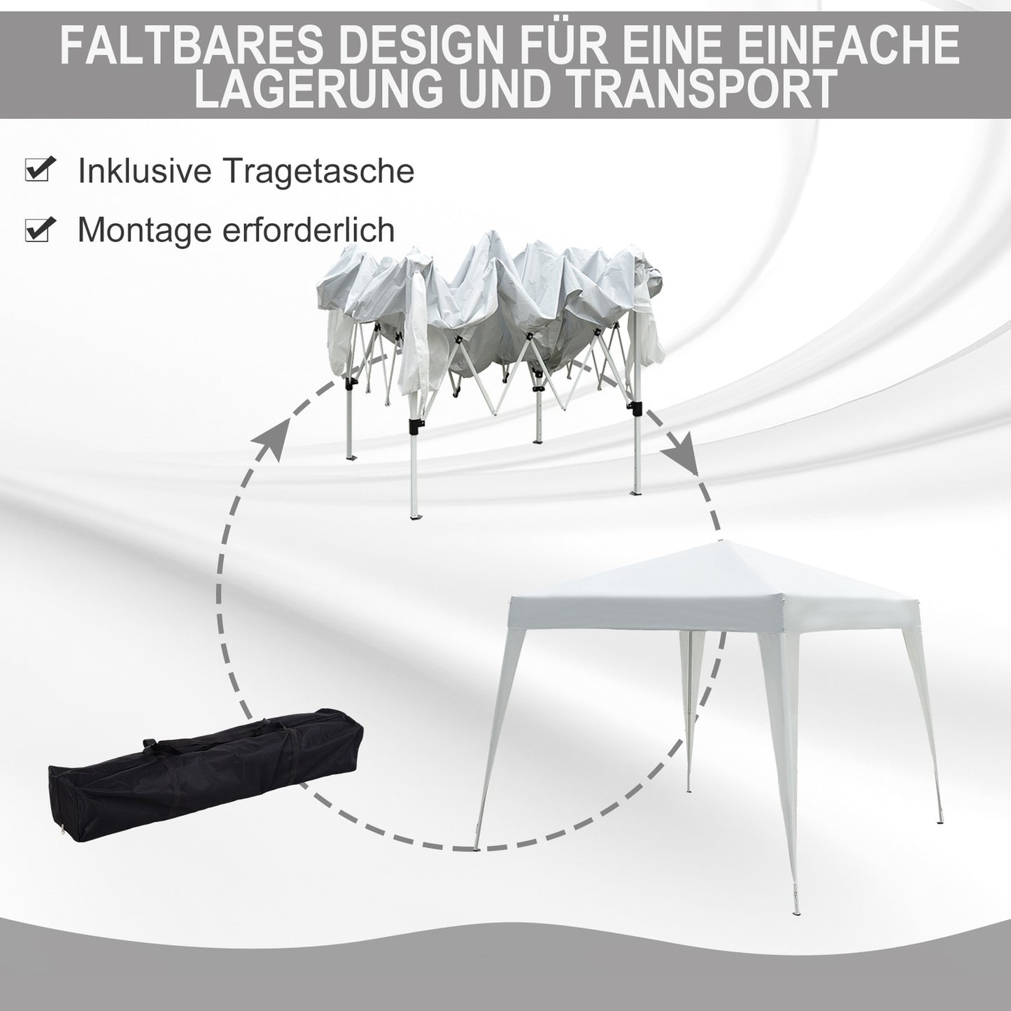 White folding pavilion tent in steel with carrying bag, 2.4x2.4M