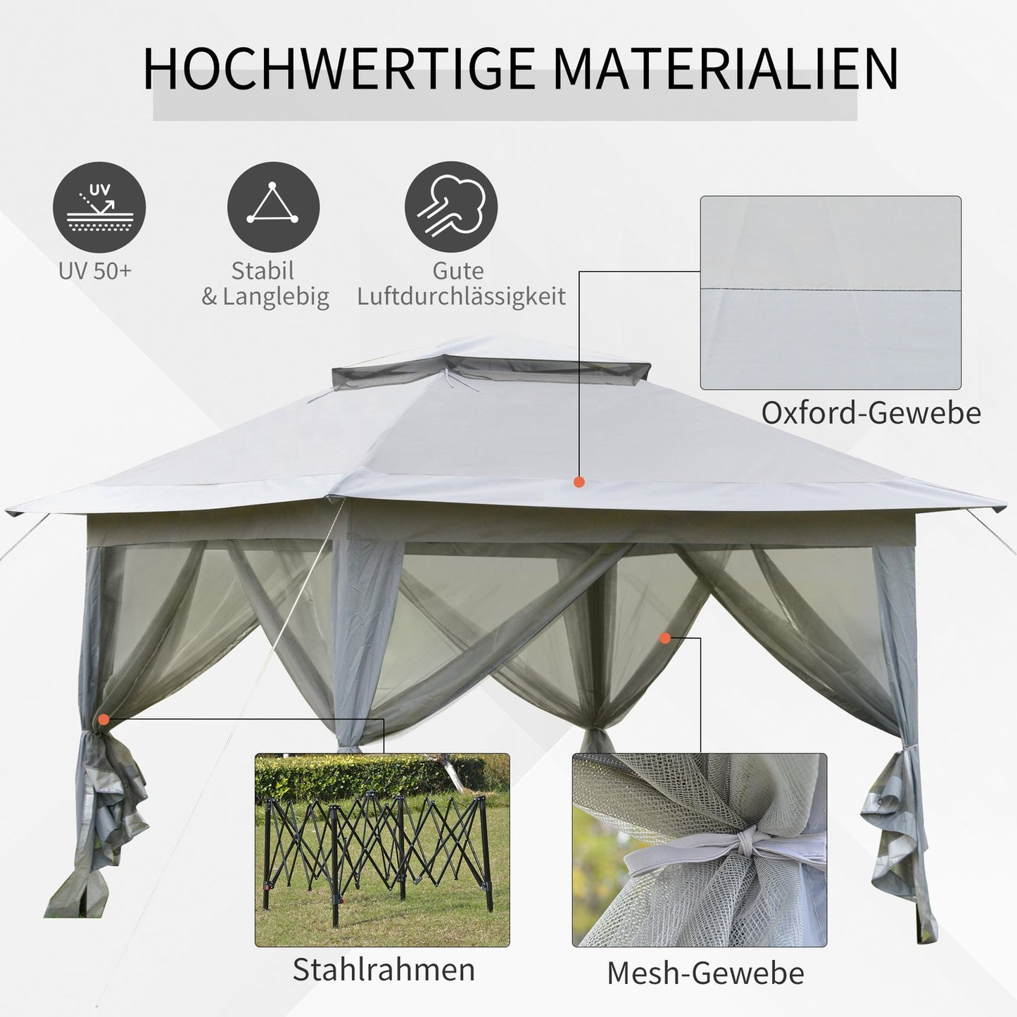 Gray pop-up garden pavilion tent with roller bag, 3.64x3.64m