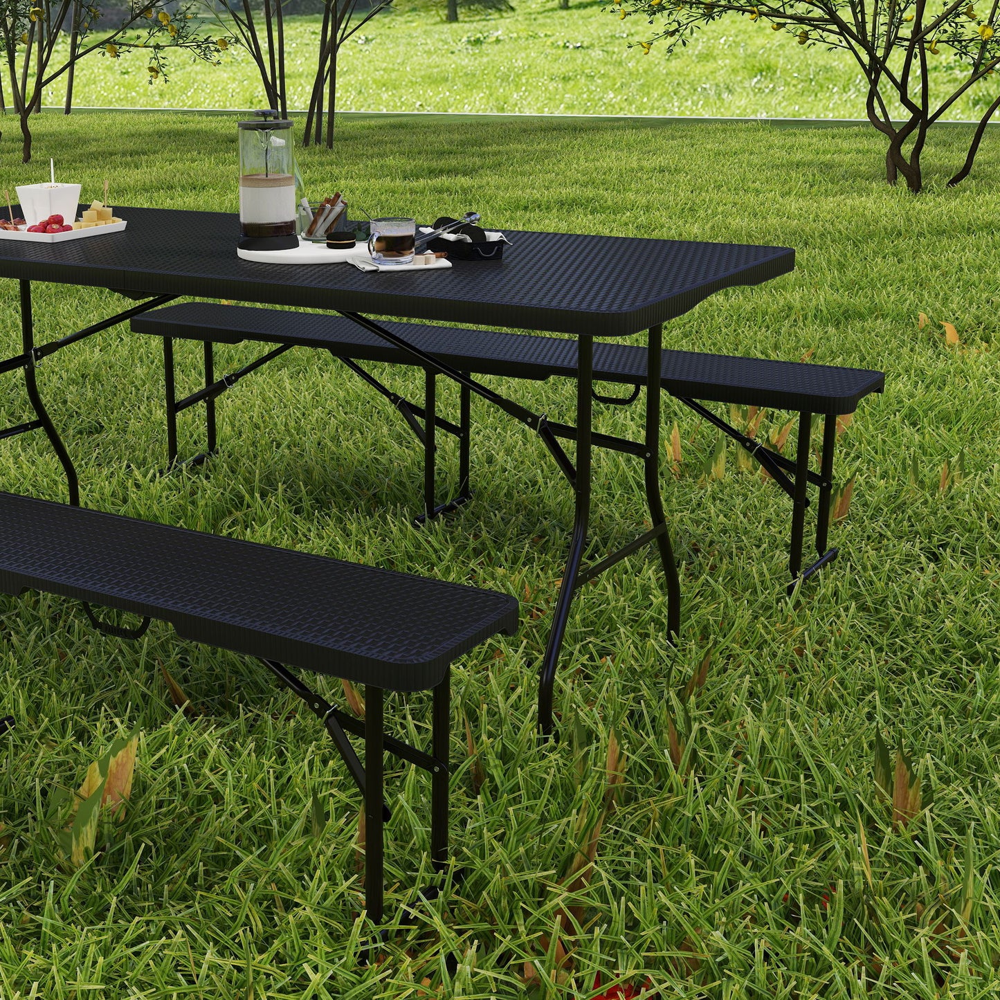 Folding Picnic Table Set, 3-Piece, Black, HDPE & Metal