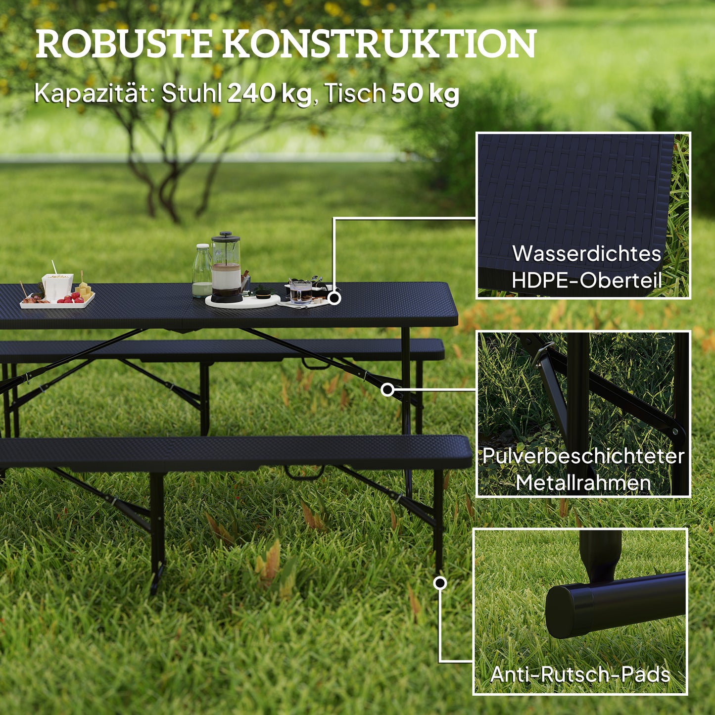 Folding Picnic Table Set, 3-Piece, Black, HDPE & Metal