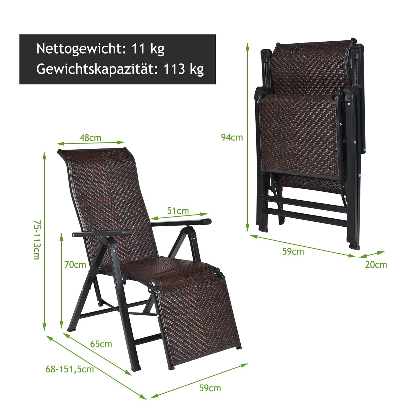 Folding Rattan Chairs, Adjustable Backrest, Brown, Set of 2