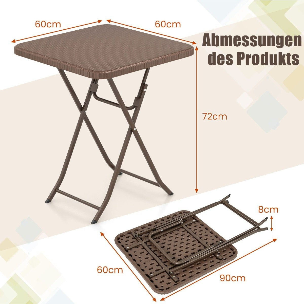 Folding Rattan-Style Table with 60x60cm HDPE Top