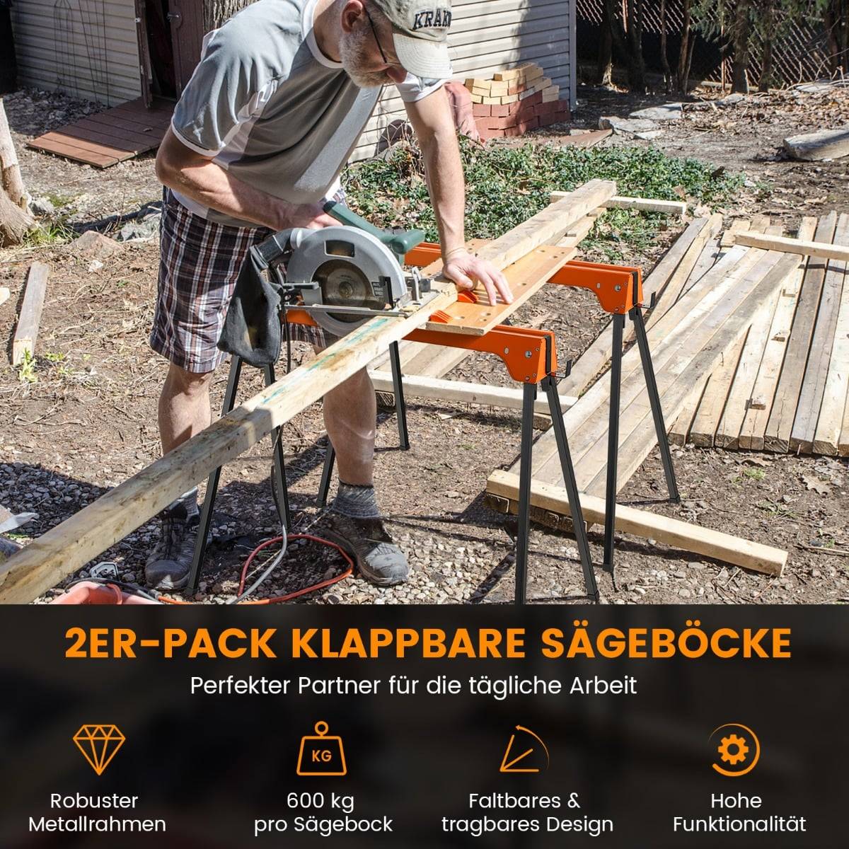 Folding Sawhorse Set, Metal Frame, 600kg Capacity, Orange