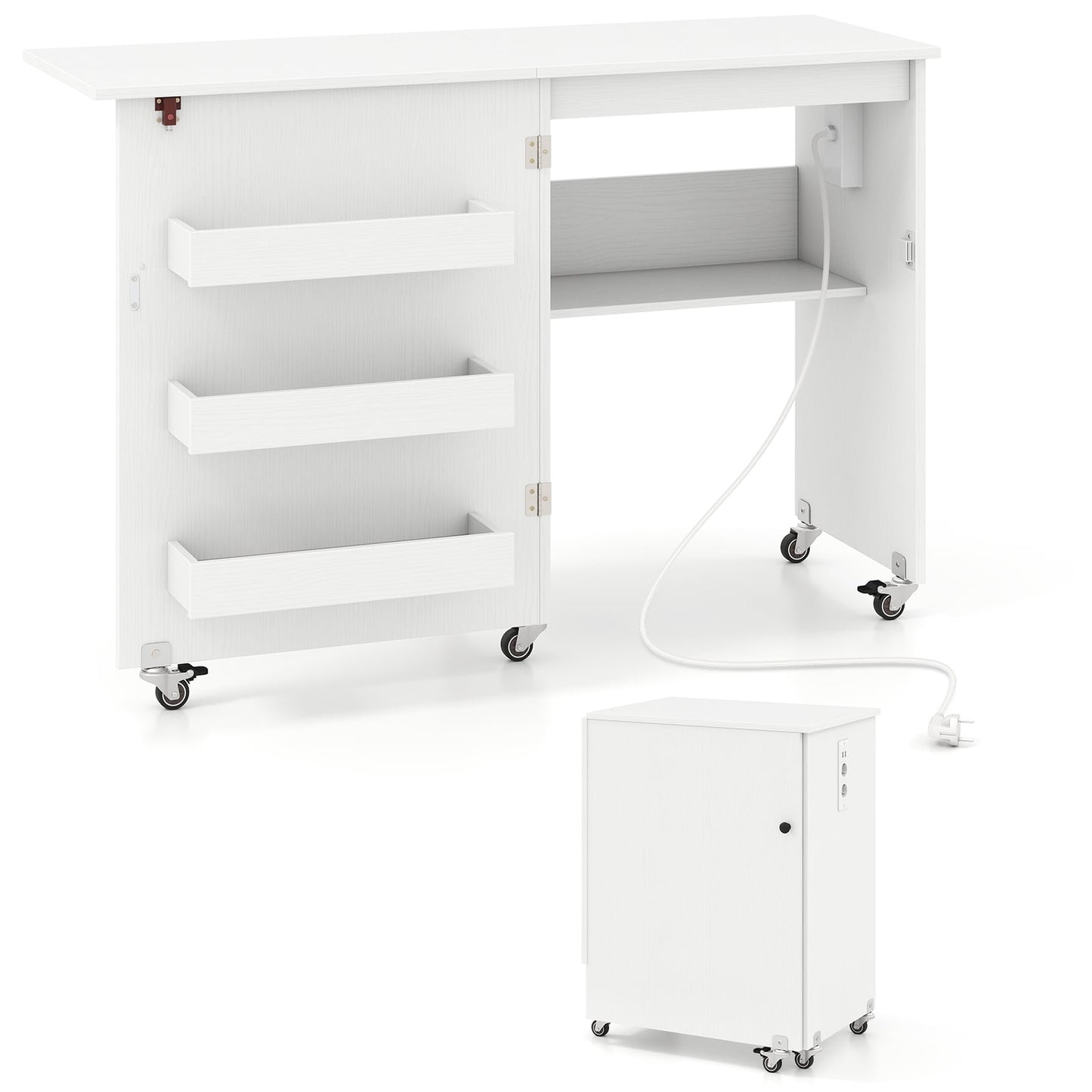 Folding Sewing Table with Charging Station, White, Storage & Wheels
