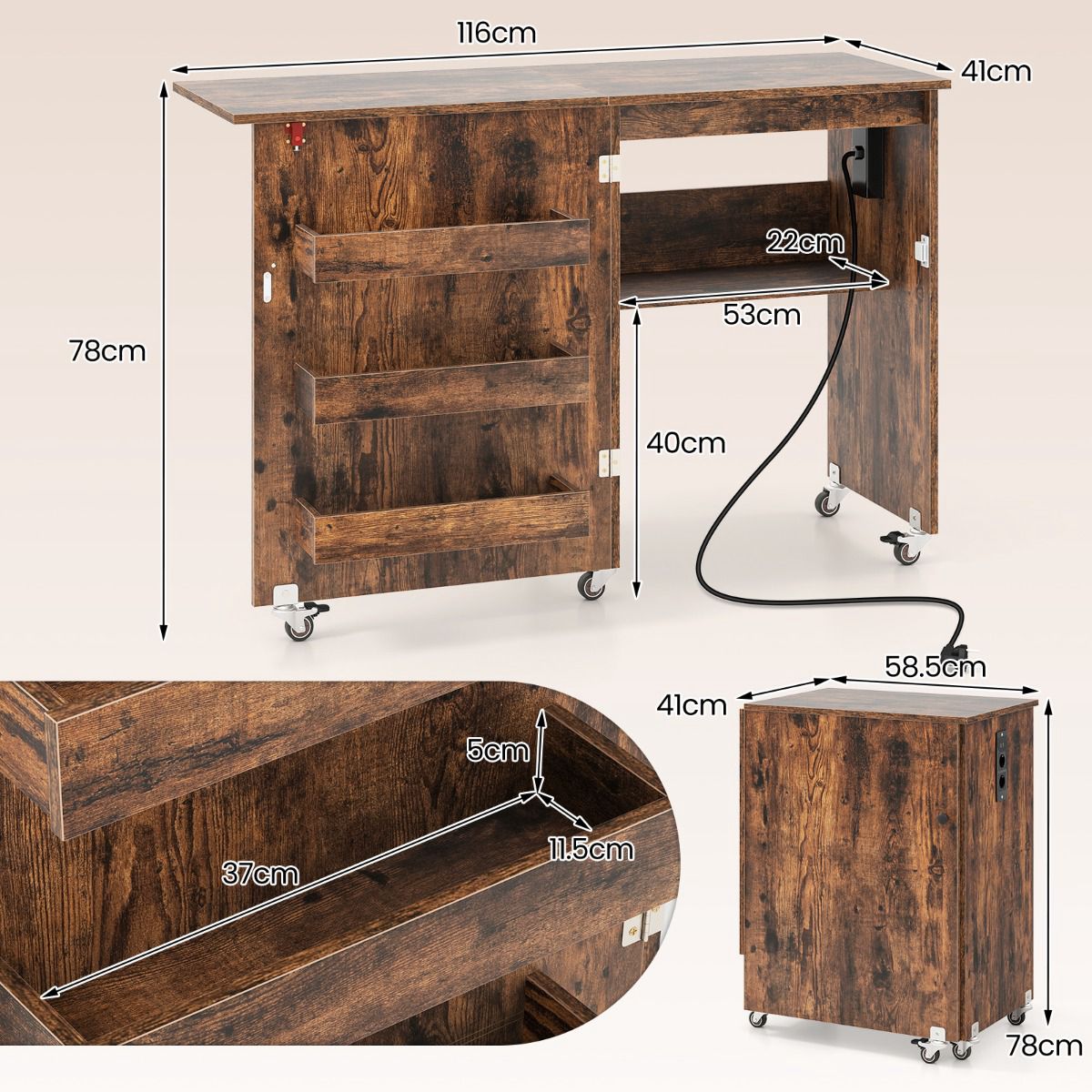 Folding Sewing Table with Charging Station and Storage