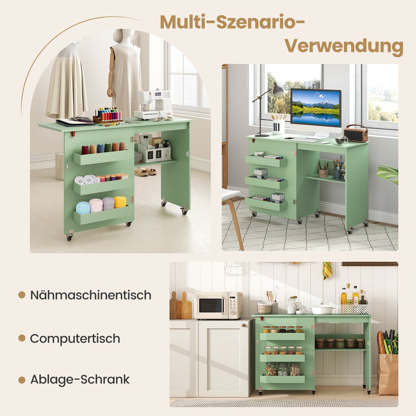 Folding Sewing Table with Storage, Green, 118.5 x 40 x 79.5 cm