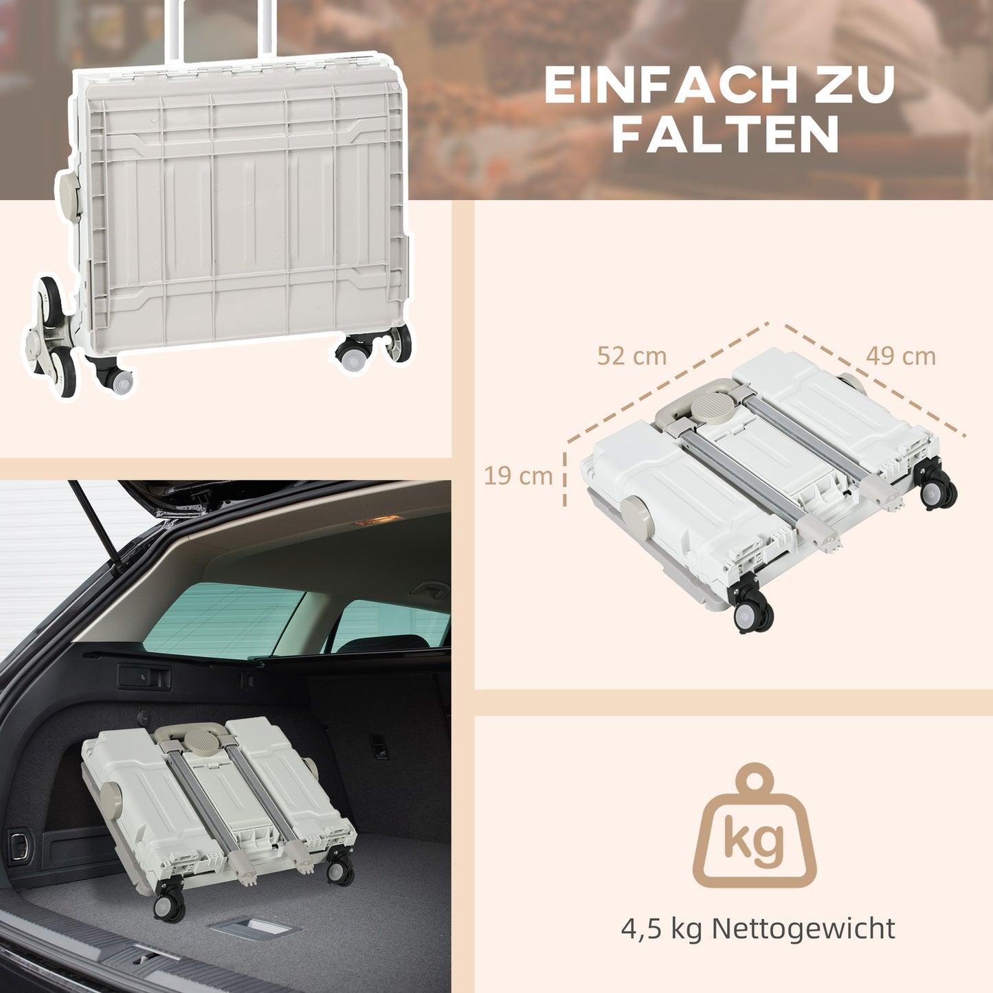 Folding shopping trolley, telescopic handle, stair climbing, 80 kg capacity, white