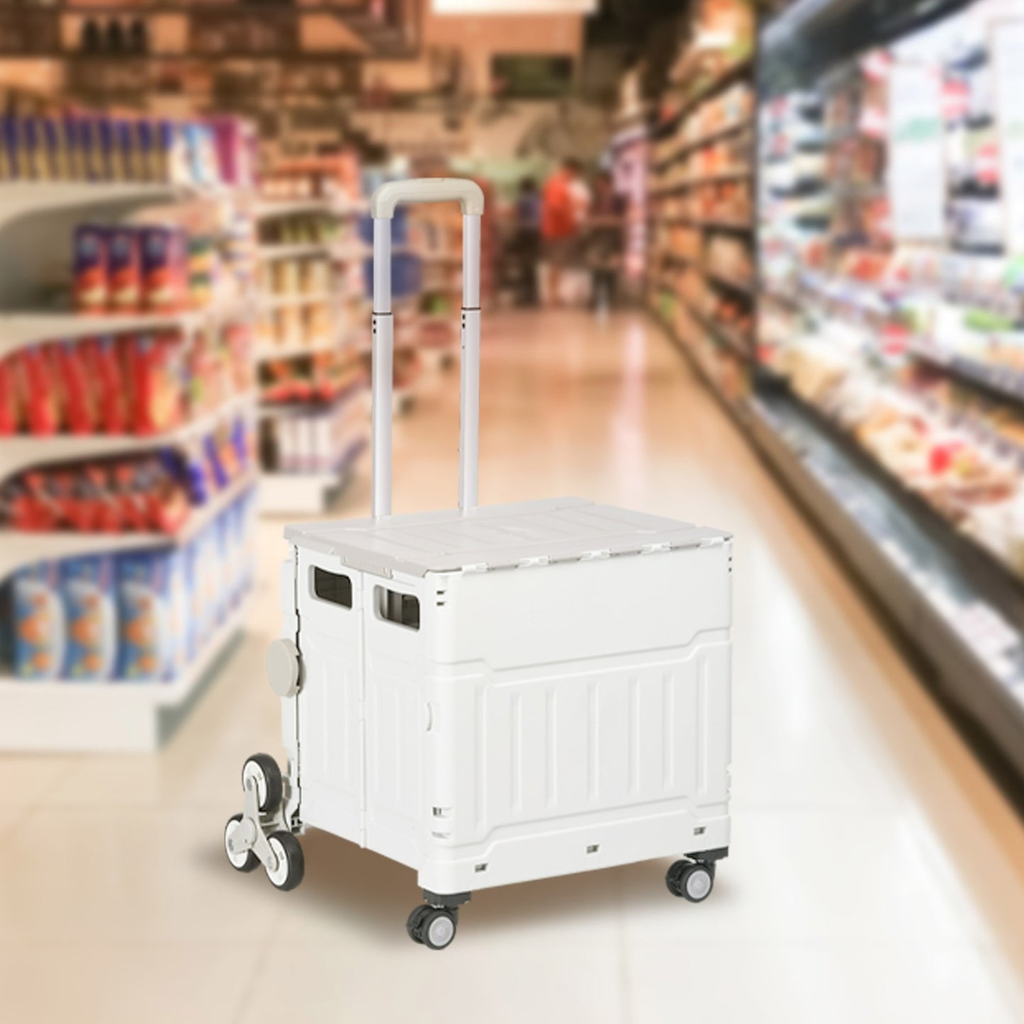 Folding shopping trolley, telescopic handle, stair climbing, 80 kg capacity, white